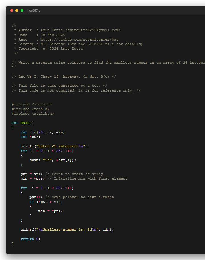Write a program using pointers to find the smallest number in an array of 25 integers.
